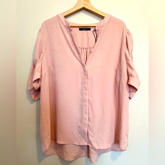 T Tahari Pink Blouse with Cuffed Sleeves and Mandarin Collar in Light Blush NWT - Picture 1 of 9
